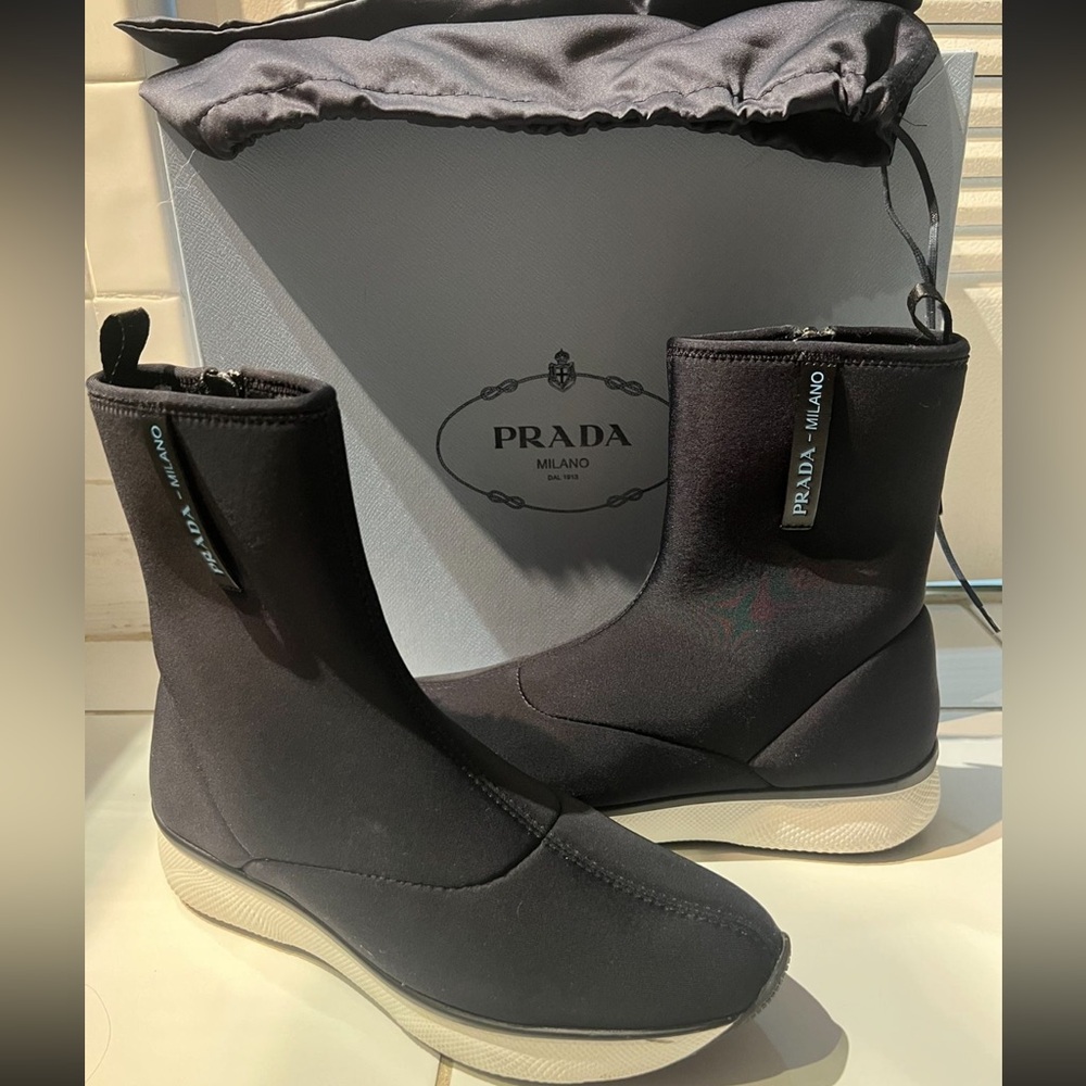 Prada Neoprene Black High Top Knit Boots 36.5 slightly used, good condition